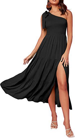 New Summer Fashion Women's One-shoulder Pleated Layered Hem Split Dress - Image 6
