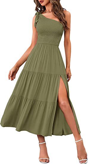 New Summer Fashion Women's One-shoulder Pleated Layered Hem Split Dress - Image 5