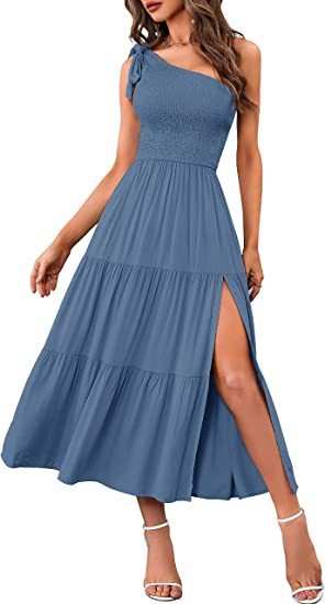 New Summer Fashion Women's One-shoulder Pleated Layered Hem Split Dress - Image 8