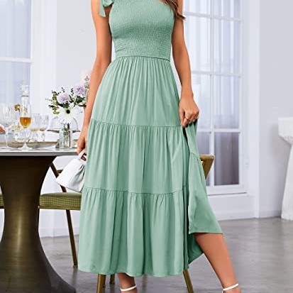 New Summer Fashion Women's One-shoulder Pleated Layered Hem Split Dress - Image 3