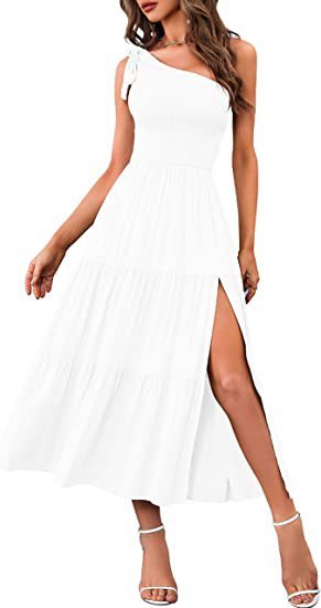 New Summer Fashion Women's One-shoulder Pleated Layered Hem Split Dress - Image 9