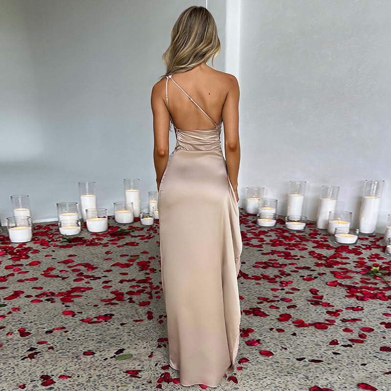 Sexy One-shoulder Backless Slit Dress Summer Elegant Slim-fit Solid Color Satin Dresses For Women - Image 4