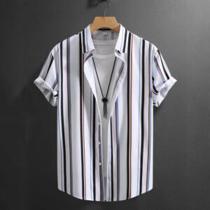 Summer Men's Fashion Trend Stripes Short Sleeve Stand Collar Shirt