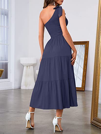 New Summer Fashion Women's One-shoulder Pleated Layered Hem Split Dress - Image 2