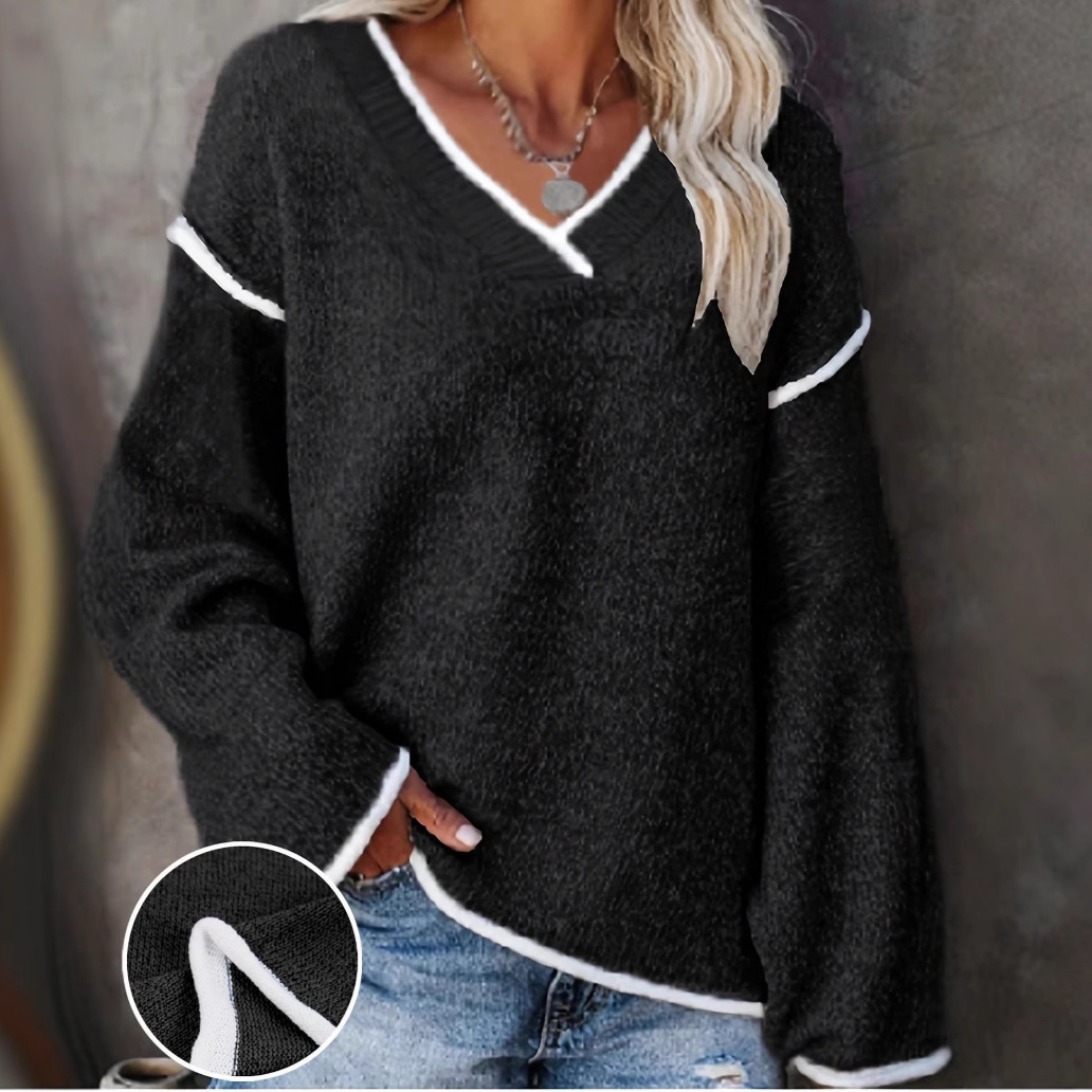 V-neck Color-contrasting Stripe Loose Casual Plus Size Women's Knitted Blouse - Image 4