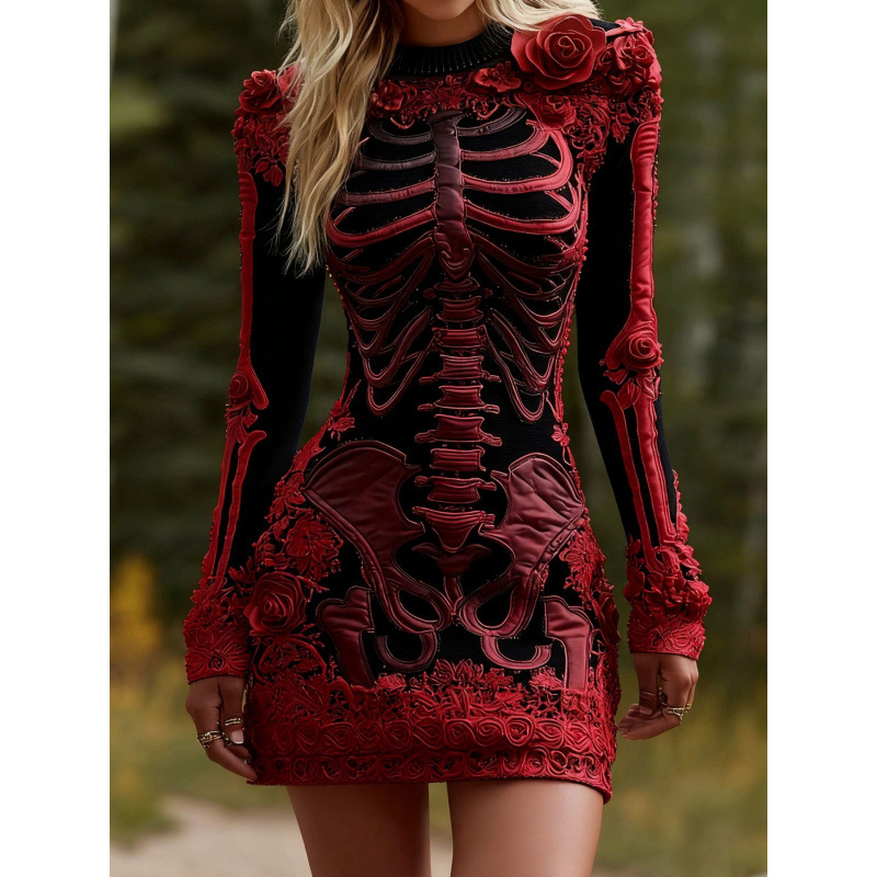 Halloween 3D Printed Long Sleeve Narrow Dress - Image 2