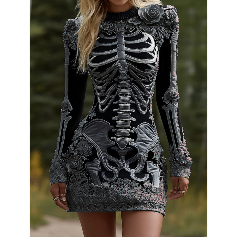 Halloween 3D Printed Long Sleeve Narrow Dress - Image 6