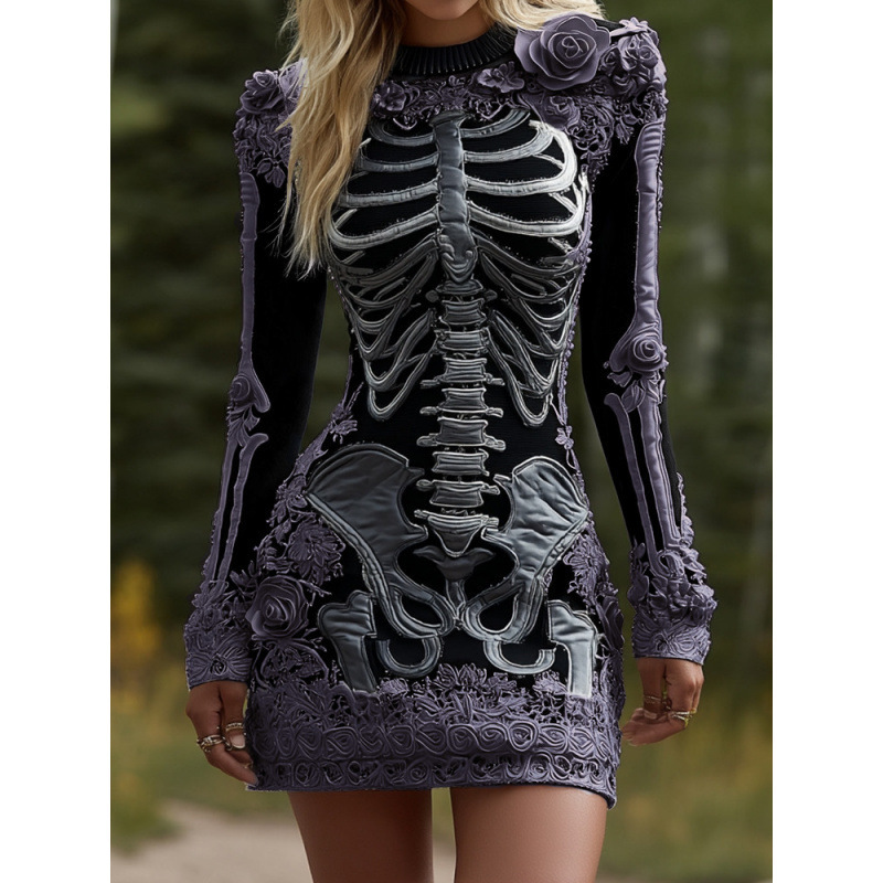Halloween 3D Printed Long Sleeve Narrow Dress - Image 4