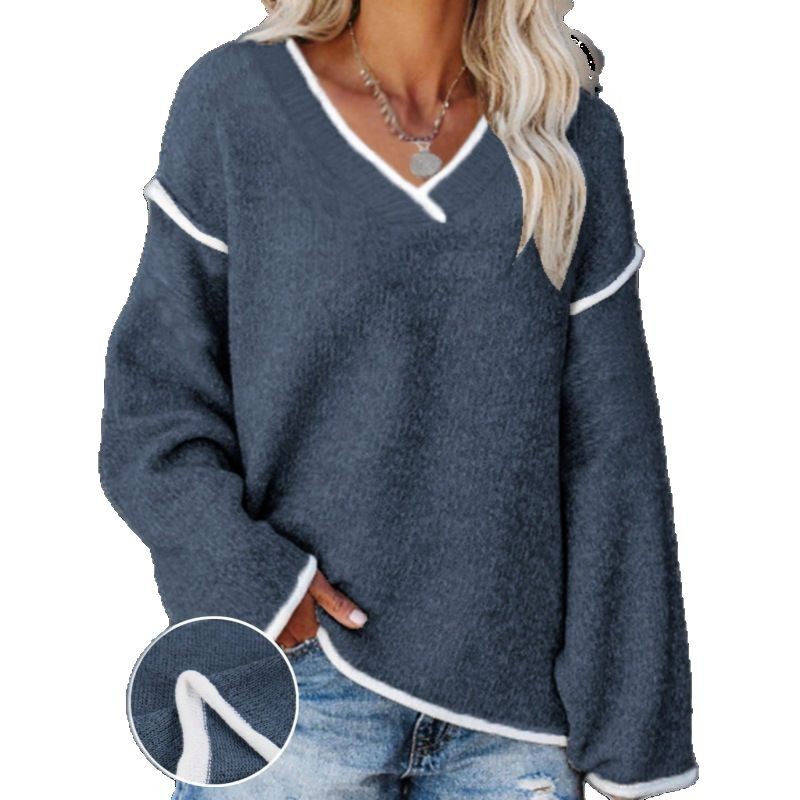 V-neck Color-contrasting Stripe Loose Casual Plus Size Women's Knitted Blouse - Image 3