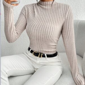 Women's Ribbed Mock Neck Knit Jumpsuit Long Sleeve Slim Casual Jumpsuit, High Neck Ribbed Knit Long Sleeve Women's Bodysuit For Spring And Autumn, Versatile Casual Jumpsuit.