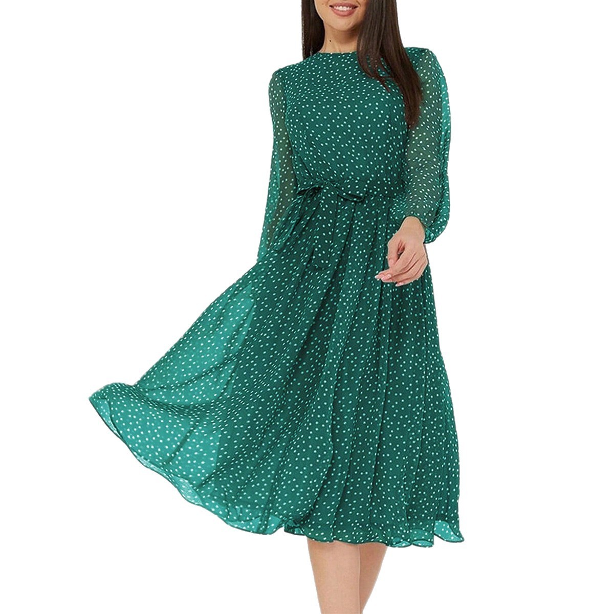 European And American Leisure Vacation Style Polka Dot Long Sleeve Maxi Dress - Image 2