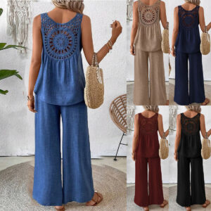 Women's Sleeveless Solid Color Back Hollow Lace Suit