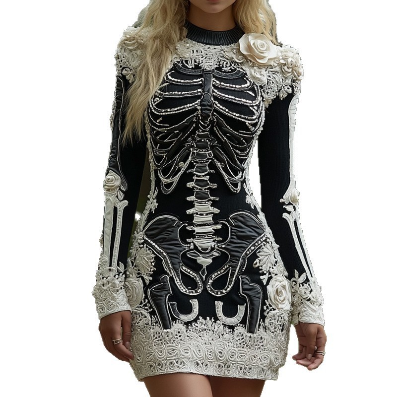 Halloween 3D Printed Long Sleeve Narrow Dress - Image 7