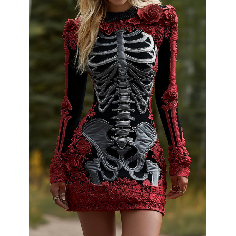 Halloween 3D Printed Long Sleeve Narrow Dress - Image 3