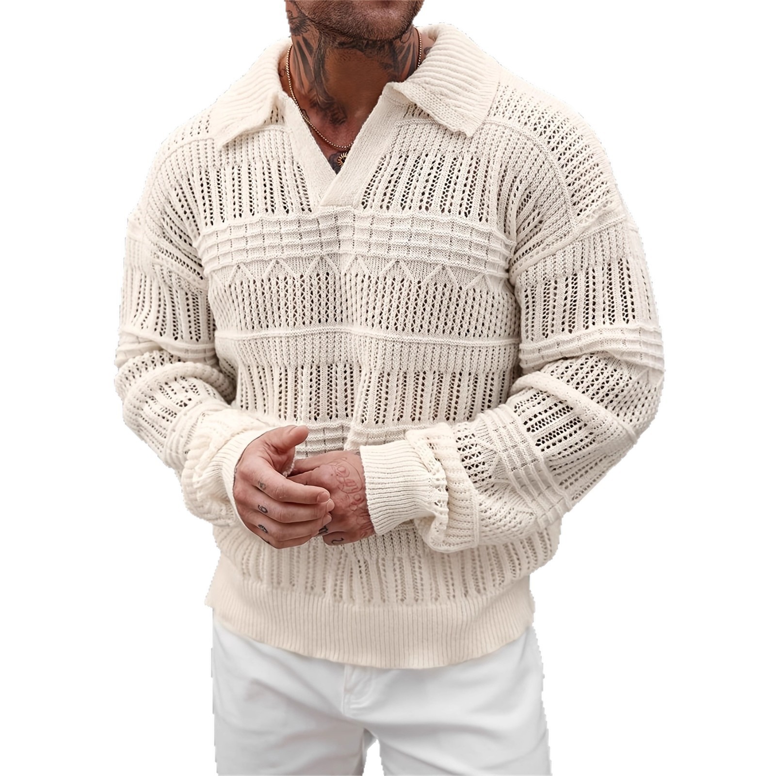 Men's Solid Color V-neck Street-like Lapel Hollow Knitwear - Image 4