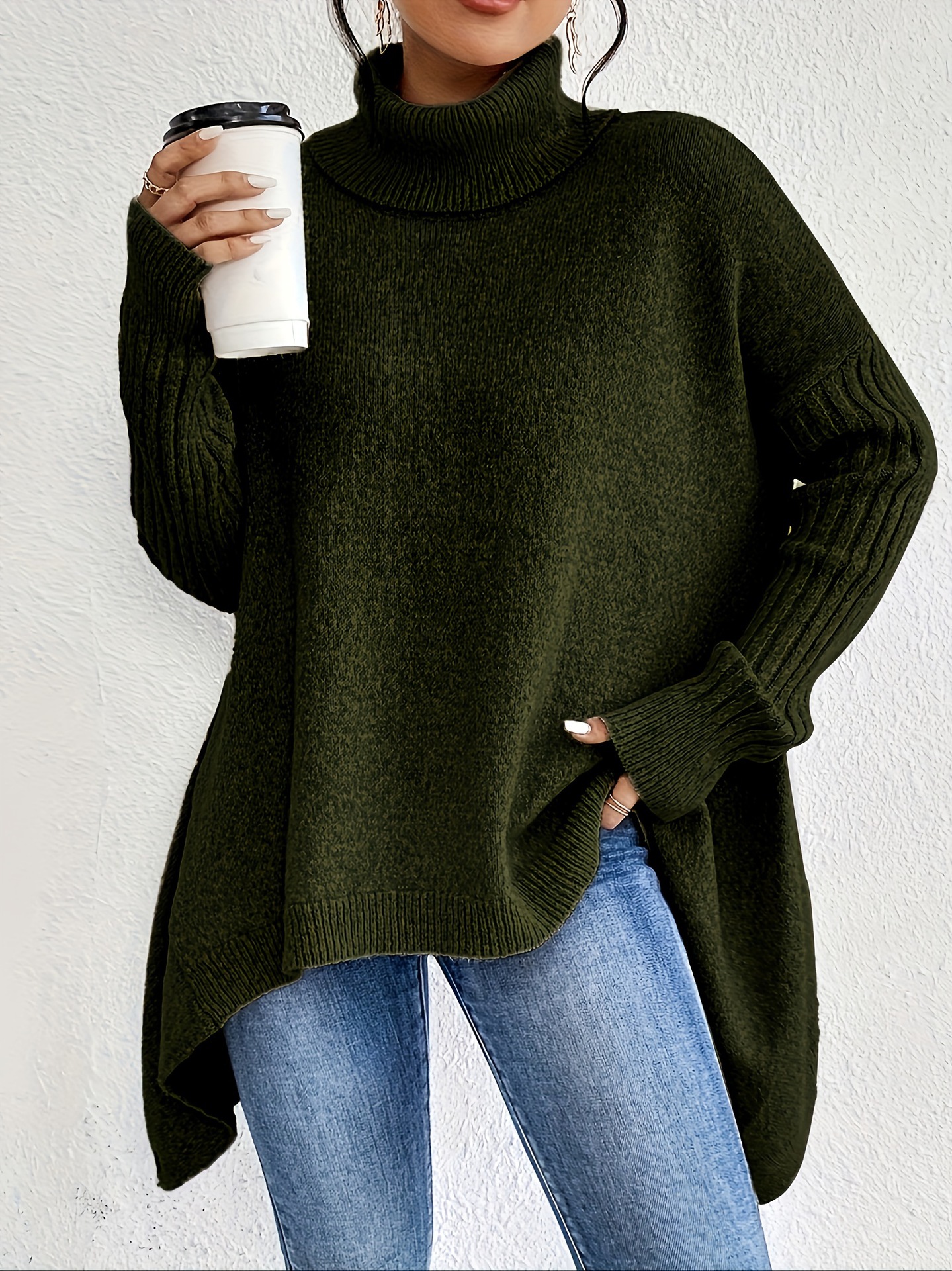 Irregular Turtleneck Sweater Winter Loose Long Sleeve Knitted Tops Leisure Warm Pullover Sweater Women's Clothing - Image 3
