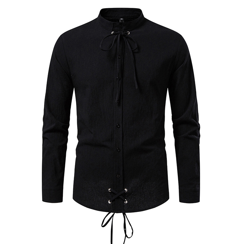 Pirate Drawstring Men's Cotton And Linen Long Sleeve European Size Shirt - Image 3