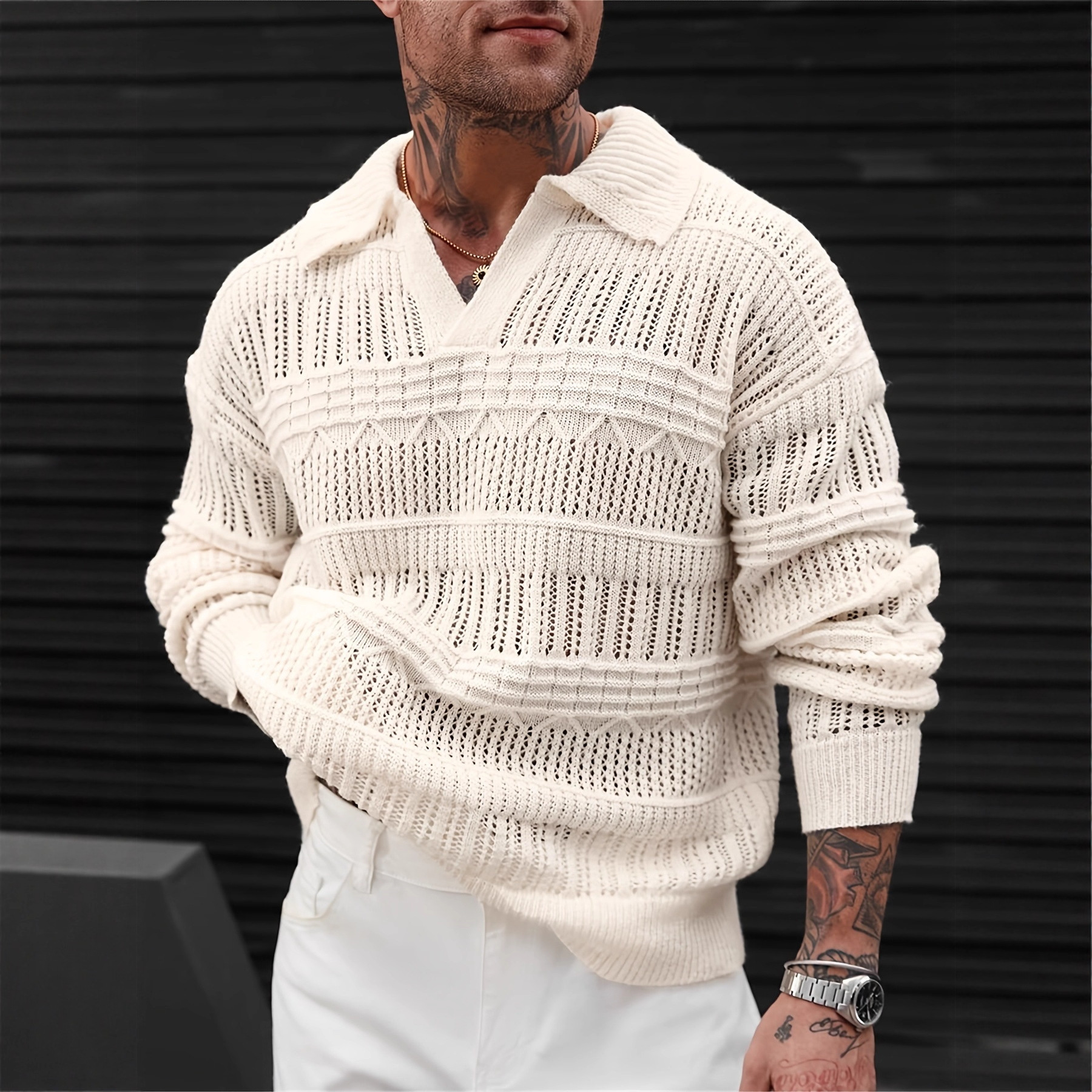Men's Solid Color V-neck Street-like Lapel Hollow Knitwear - Image 2