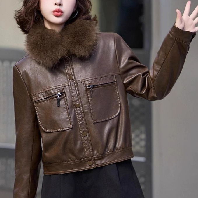 Fleece-lined Thickened Western Style Fashion Short Lapel PU Women's Coat - Image 7