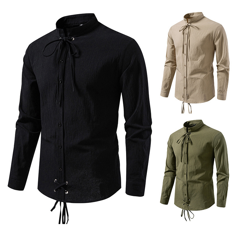 Pirate Drawstring Men's Cotton And Linen Long Sleeve European Size Shirt - Image 6