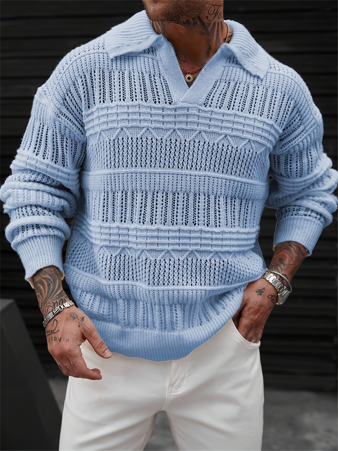 Men's Solid Color V-neck Street-like Lapel Hollow Knitwear - Image 6
