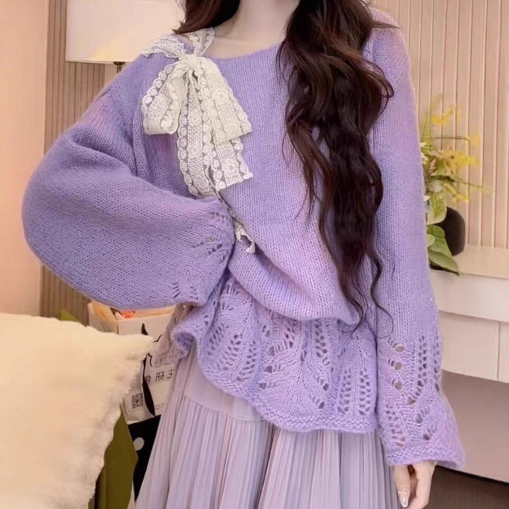 Bow Stitching Lace Strap Warm Temperament Top