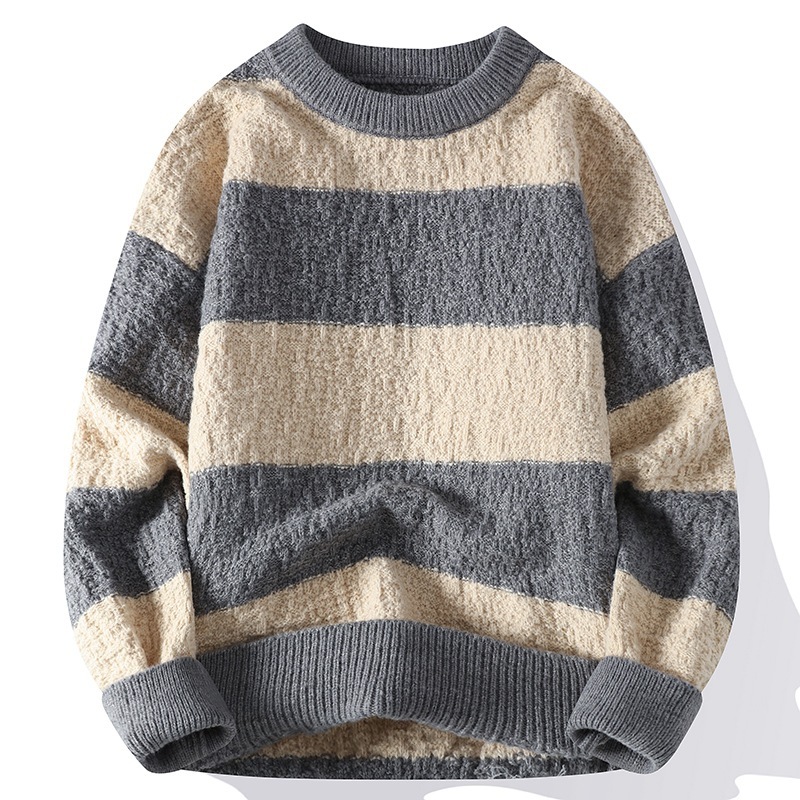 Winter Contrast Color Striped Round Neck Sweater Men - Image 3