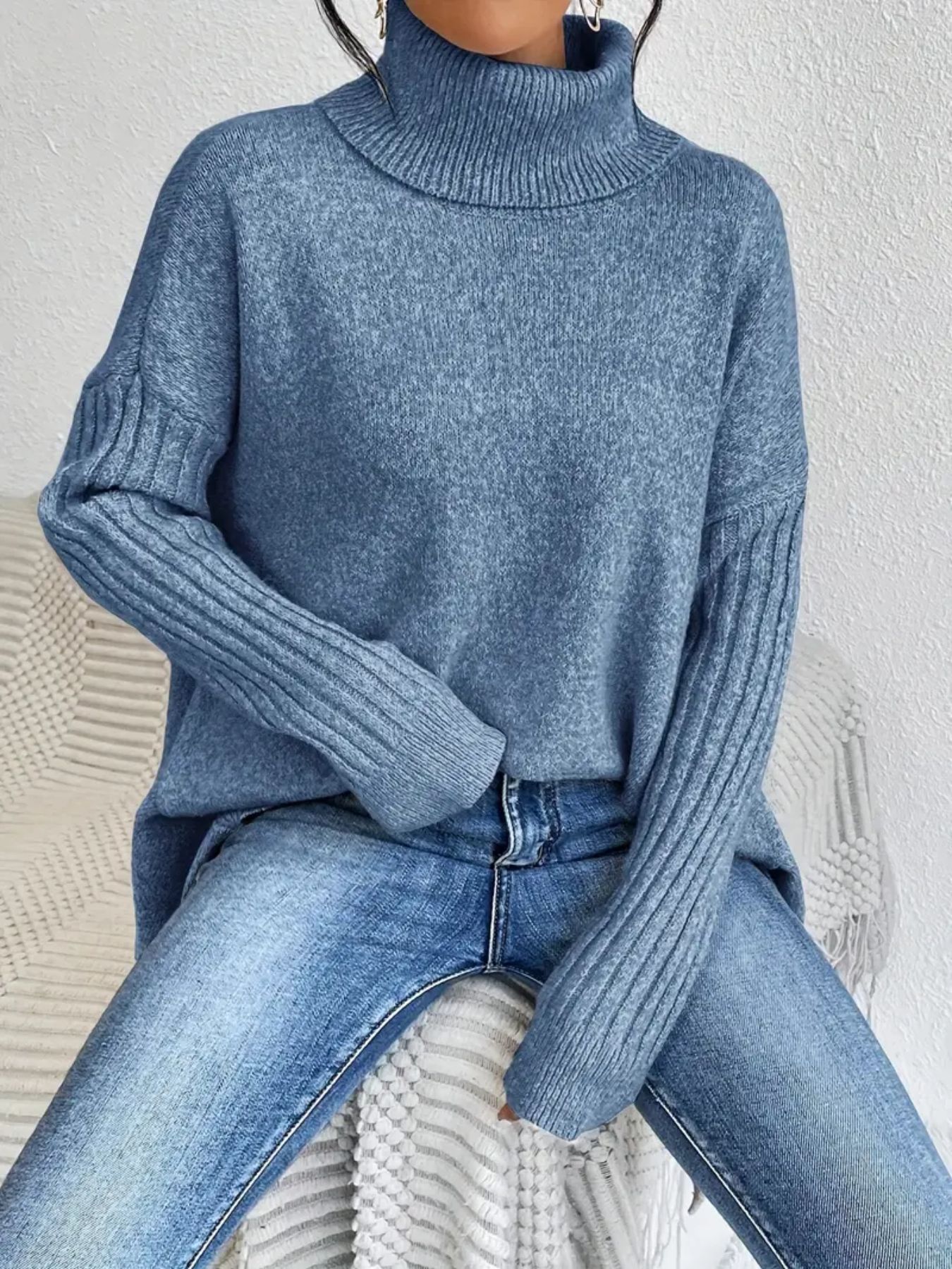 Irregular Turtleneck Sweater Winter Loose Long Sleeve Knitted Tops Leisure Warm Pullover Sweater Women's Clothing - Image 7