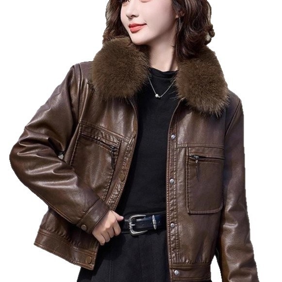 Fleece-lined Thickened Western Style Fashion Short Lapel PU Women's Coat - Image 2