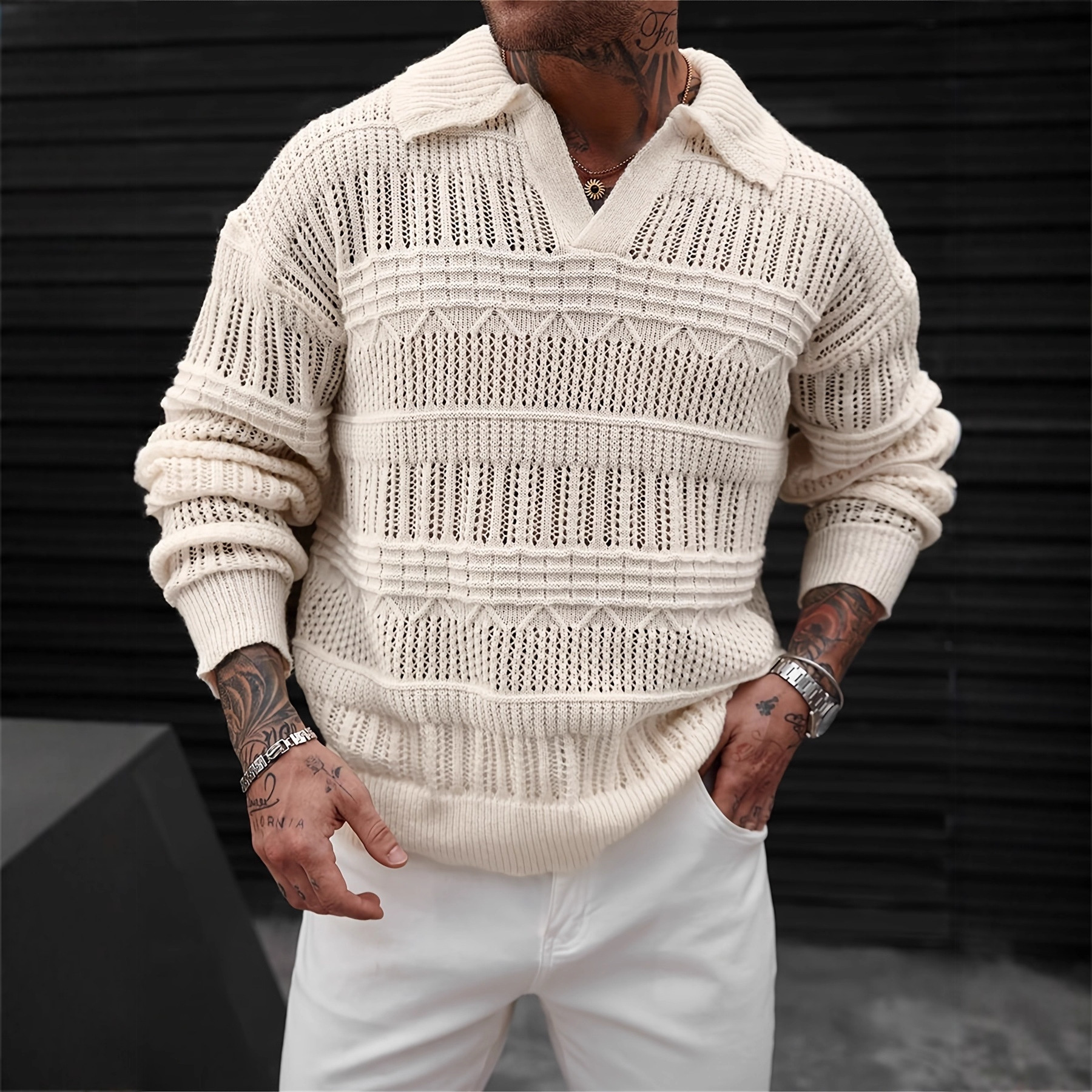 Men's Solid Color V-neck Street-like Lapel Hollow Knitwear