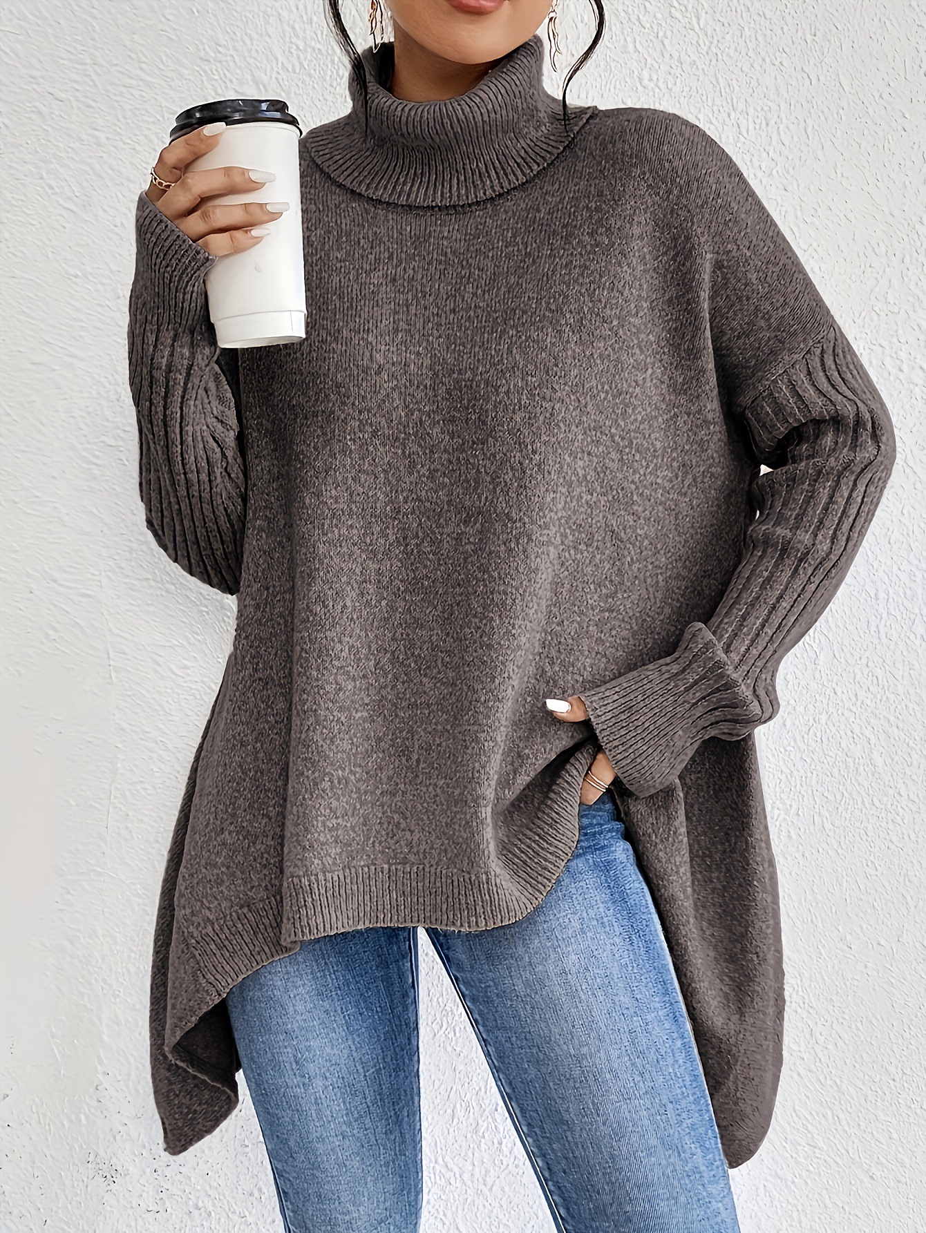 Irregular Turtleneck Sweater Winter Loose Long Sleeve Knitted Tops Leisure Warm Pullover Sweater Women's Clothing - Image 6