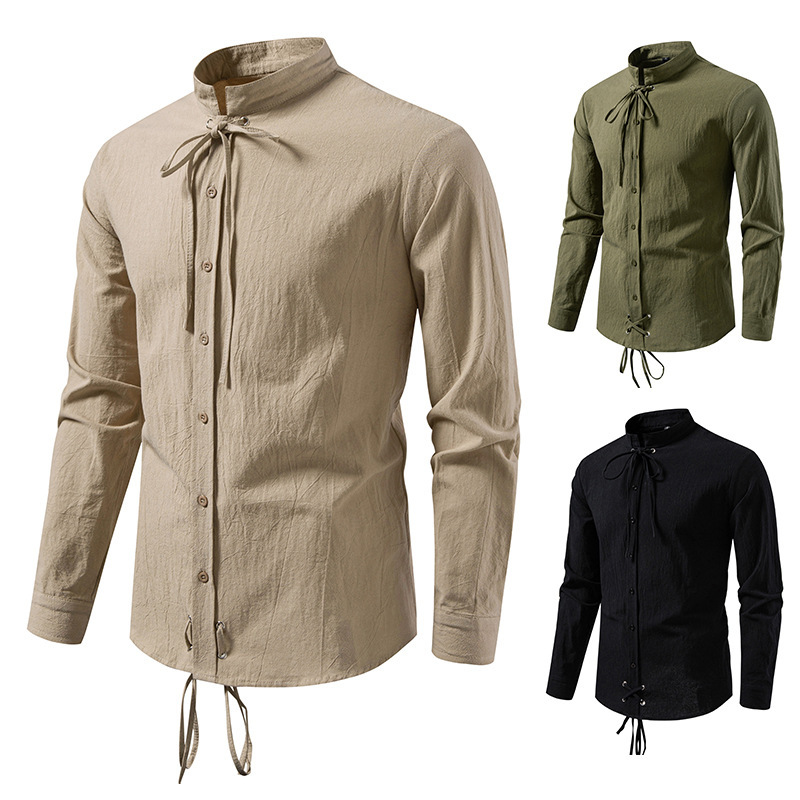 Pirate Drawstring Men's Cotton And Linen Long Sleeve European Size Shirt - Image 4