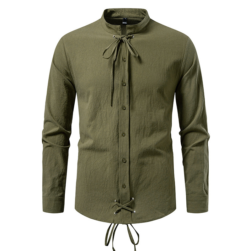 Pirate Drawstring Men's Cotton And Linen Long Sleeve European Size Shirt - Image 7