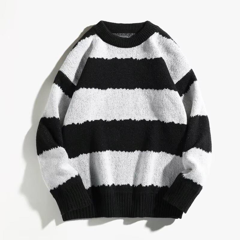 Winter Contrast Color Striped Round Neck Sweater Men