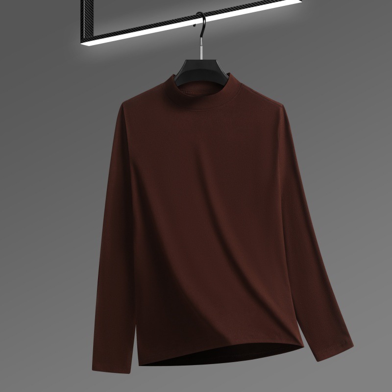 Men's Solid Color Threaded Velvet Half High Neck T-shirt - Image 4