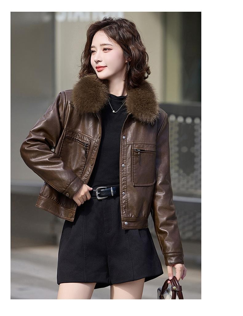 Fleece-lined Thickened Western Style Fashion Short Lapel PU Women's Coat - Image 3