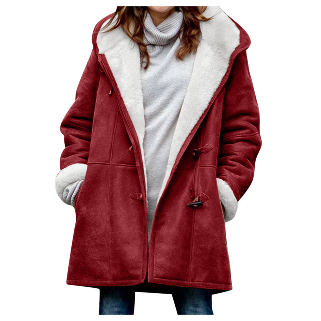 Winter Button Coat Fashion Warm Hooded Jacket With Pockets Women's Clothing - Image 5