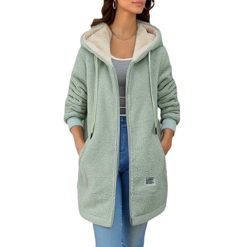 Winter Fleece Hooded Jacket Fashion Casual Zip-up Pockets Long Sweatshirt Warm Commuter Women's Clothing - Image 3