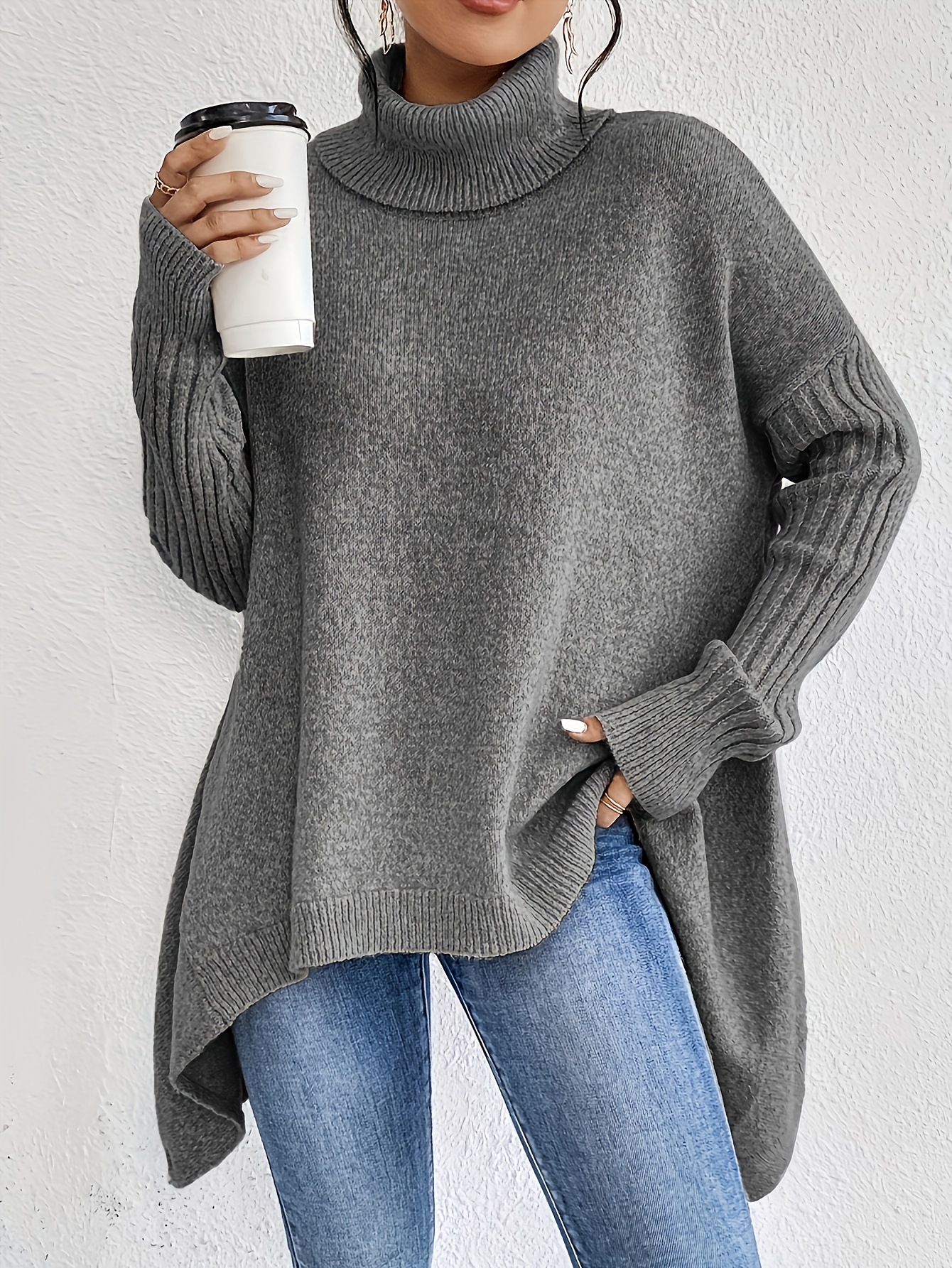 Irregular Turtleneck Sweater Winter Loose Long Sleeve Knitted Tops Leisure Warm Pullover Sweater Women's Clothing - Image 4