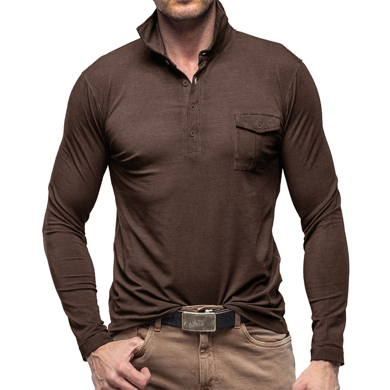 Lapel European And American Men's Shirt Solid Color Long Sleeve - Image 2