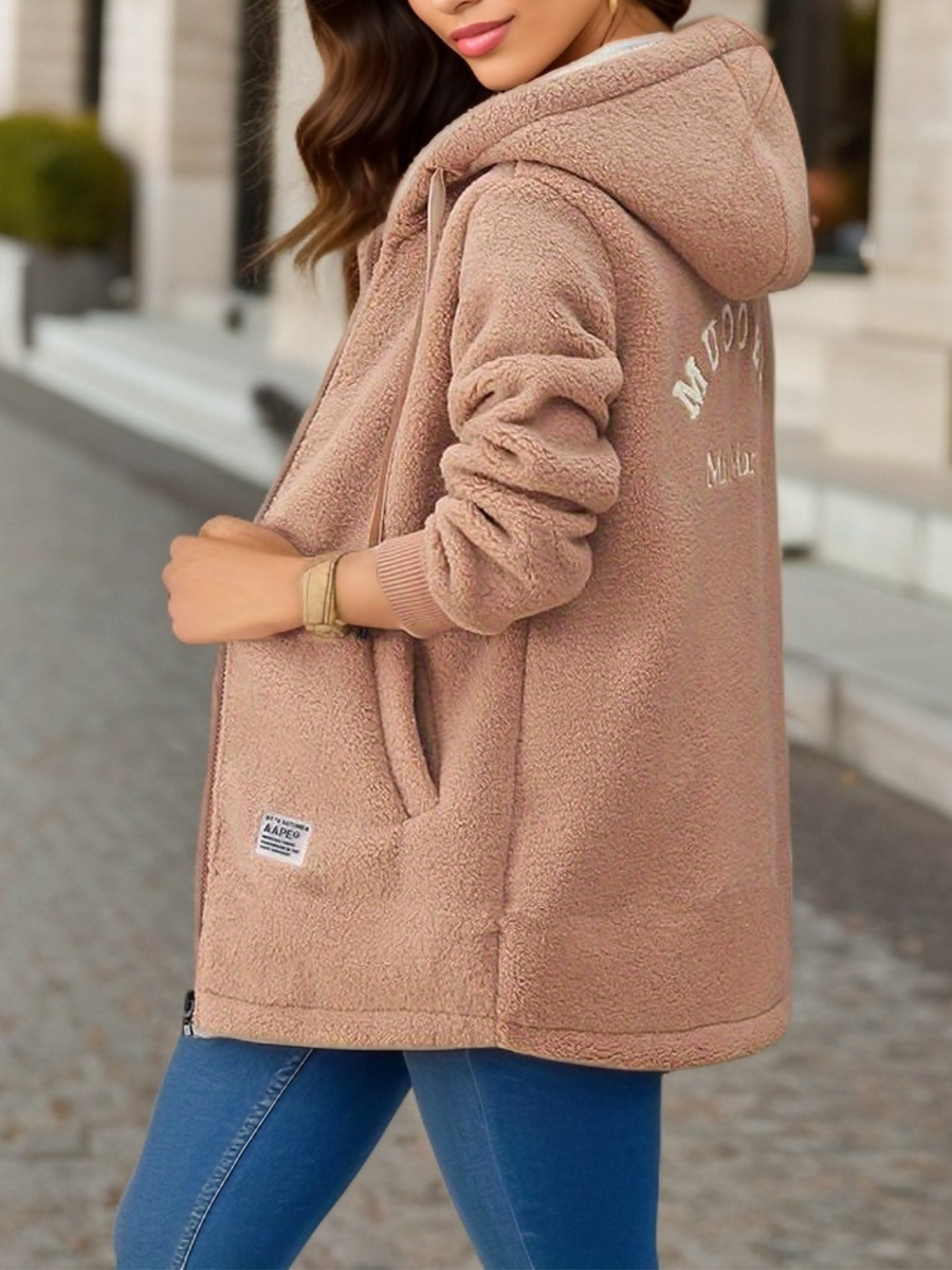 Winter Fleece Hooded Jacket Fashion Casual Zip-up Pockets Long Sweatshirt Warm Commuter Women's Clothing - Image 7