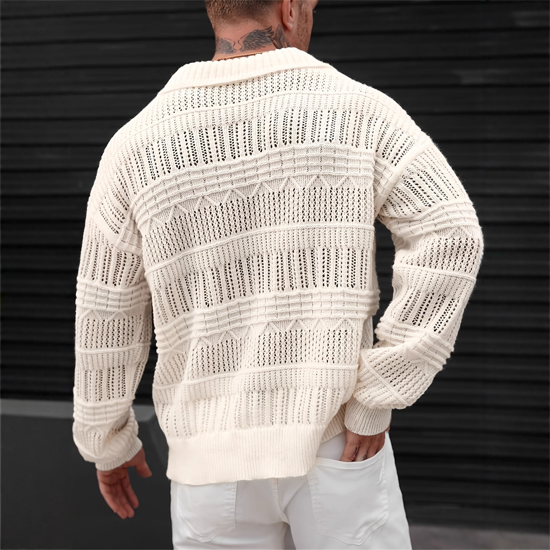 Men's Solid Color V-neck Street-like Lapel Hollow Knitwear - Image 7