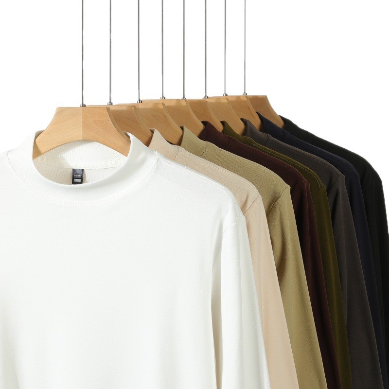 Men's Solid Color Threaded Velvet Half High Neck T-shirt - Image 9