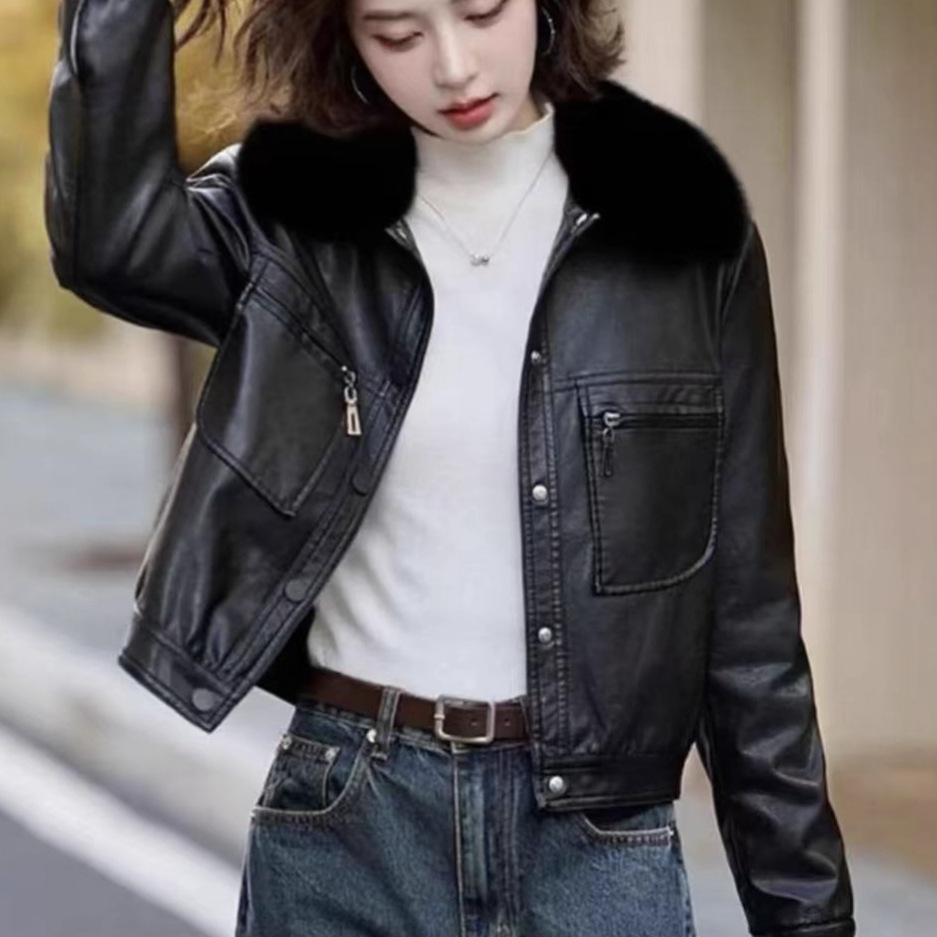 Fleece-lined Thickened Western Style Fashion Short Lapel PU Women's Coat - Image 4