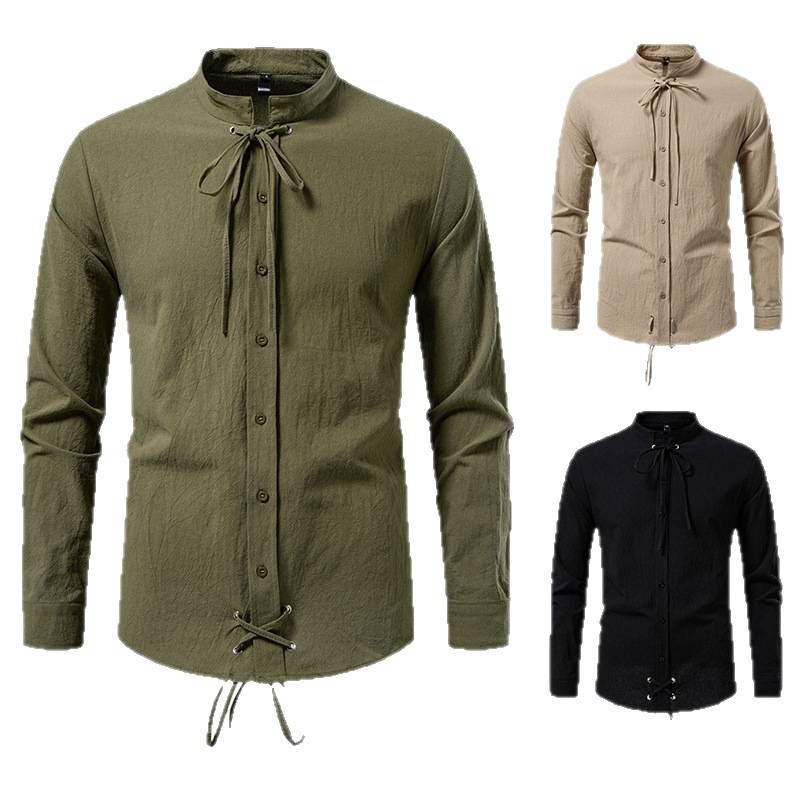 Pirate Drawstring Men's Cotton And Linen Long Sleeve European Size Shirt - Image 8