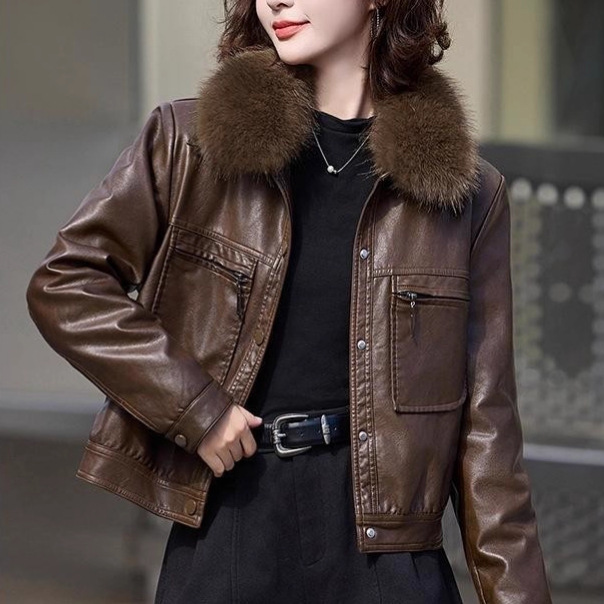 Fleece-lined Thickened Western Style Fashion Short Lapel PU Women's Coat
