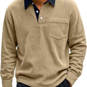 Men's Vintage Corduroy Button Long Sleeve Polo Shirt