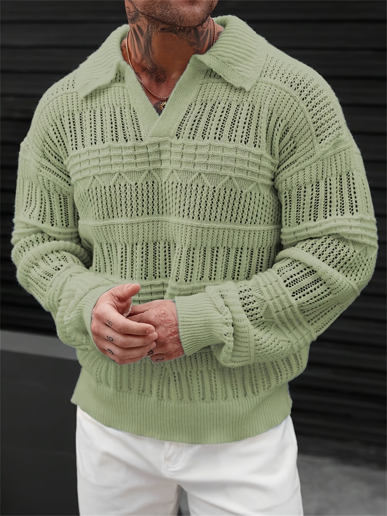 Men's Solid Color V-neck Street-like Lapel Hollow Knitwear - Image 5