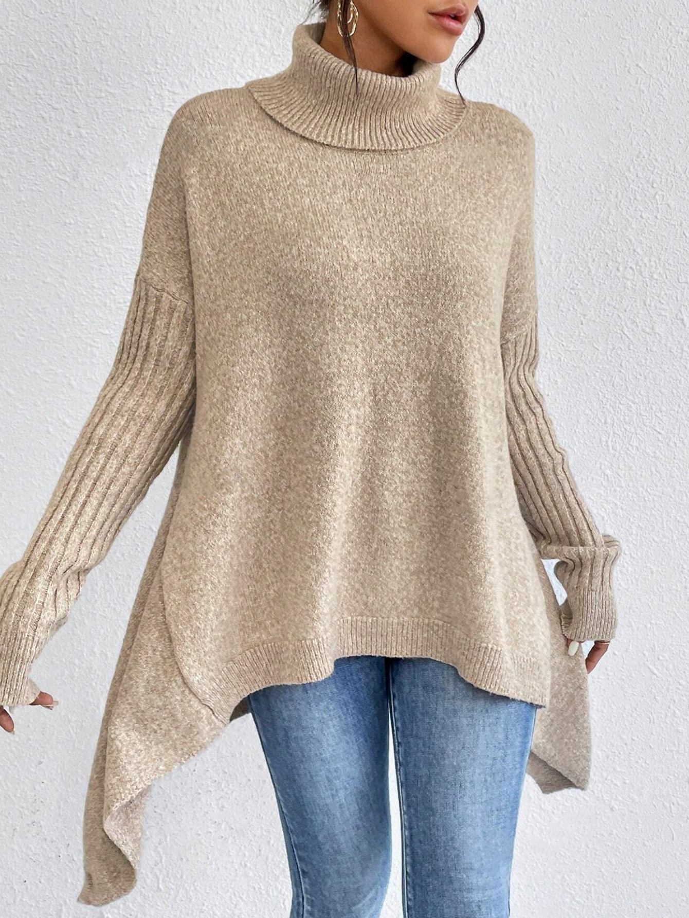 Irregular Turtleneck Sweater Winter Loose Long Sleeve Knitted Tops Leisure Warm Pullover Sweater Women's Clothing - Image 2